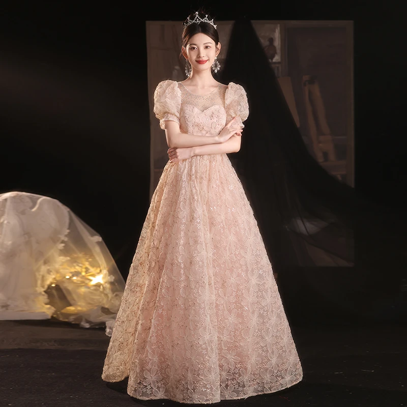 粉色宴会晚礼服新款法式轻奢小众气质主持人生日新娘订婚礼服女