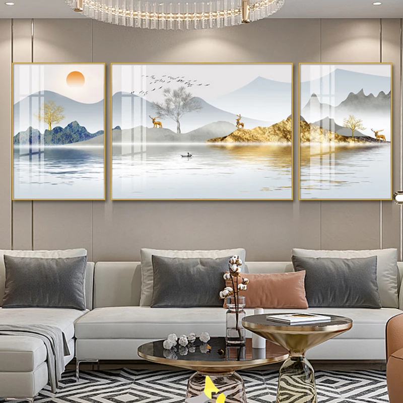 客厅装饰画2022年新款中式沙发背景墙三联挂画寓意好山水画墙壁画