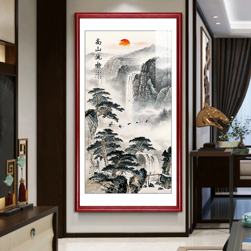 迎客松国画入户玄关画新中式客厅装饰画竖版山水画走廊挂画实木