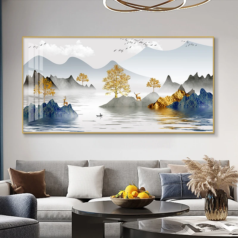 新中式客厅装饰画大幅招财风景山水画沙发背景墙璧挂画轻奢晶瓷画