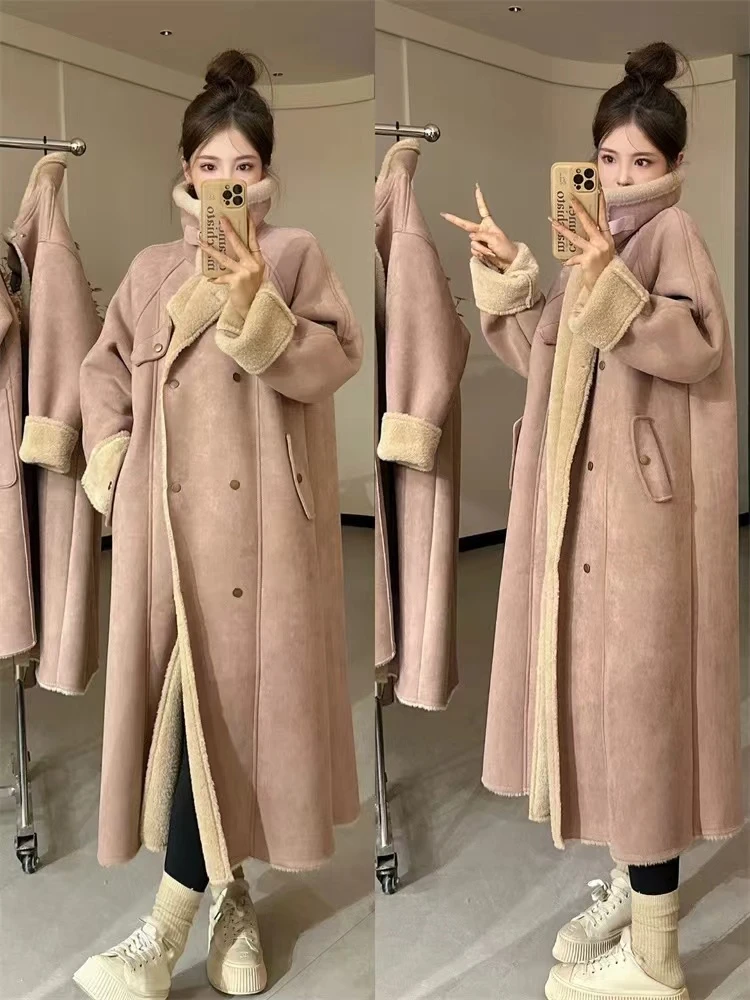 秋冬加厚保暖长款立领麂皮绒仿羊羔毛绒皮毛一体仿皮草外套大衣女