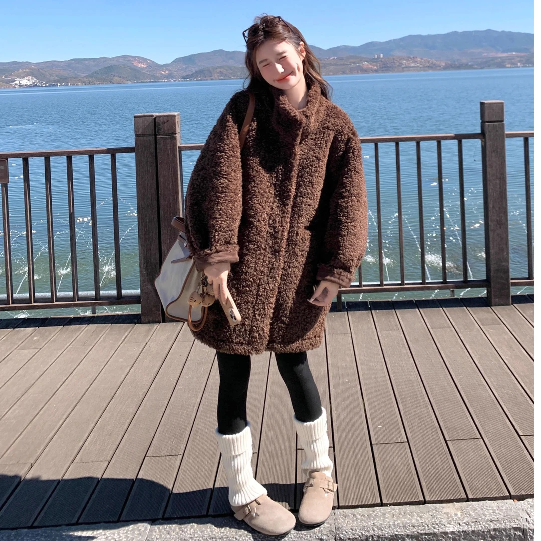 人造皮草 加厚毛毛外套女冬季保暖立领中长款宽松仿皮草大衣洋气