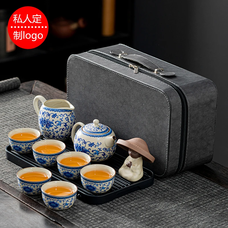 汝窑功夫旅行茶具套装轻奢高档简约陶瓷青花西施壶茶壶喝茶杯茶盘