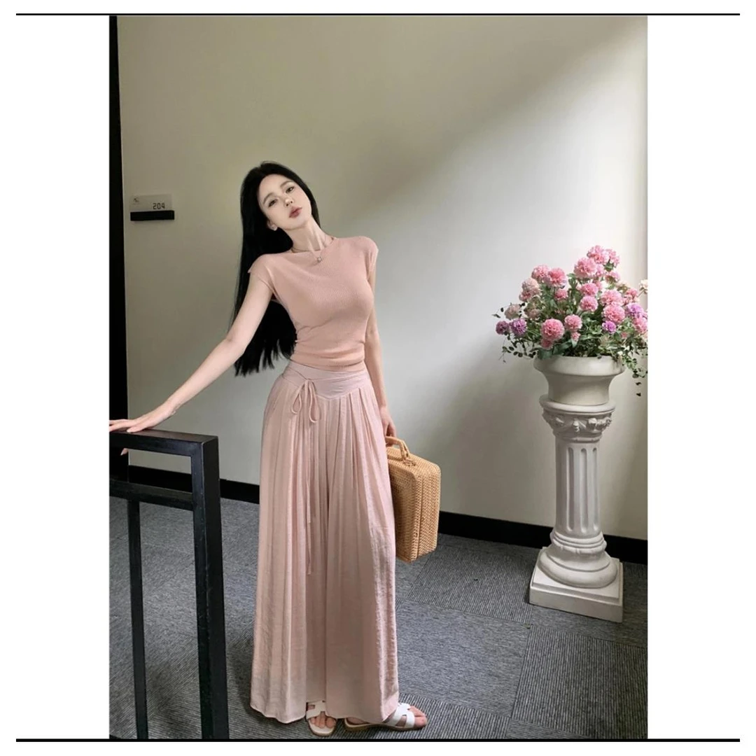 【柠檬专属】小飞袖女气质夏季2024法式修身短袖上衣阔腿裤6878#0.1