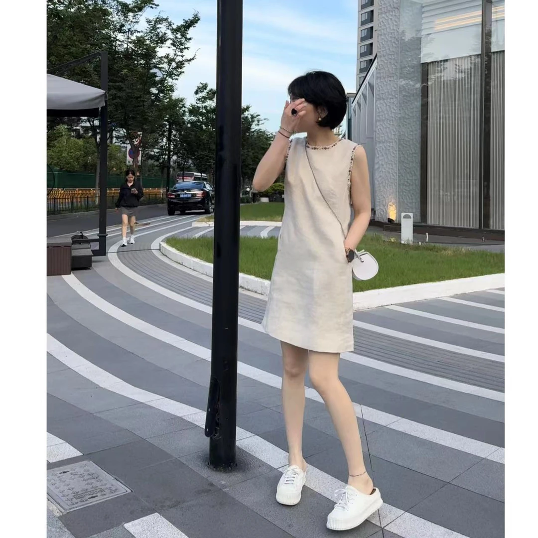 钉珠圆领无袖背心裙夏季新款气质宽松显瘦亚麻连衣裙