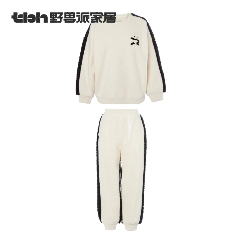 tbh野兽派家居熊猫嘭嘭仿羊羔绒拼接家居服套装外穿情侣睡衣秋冬