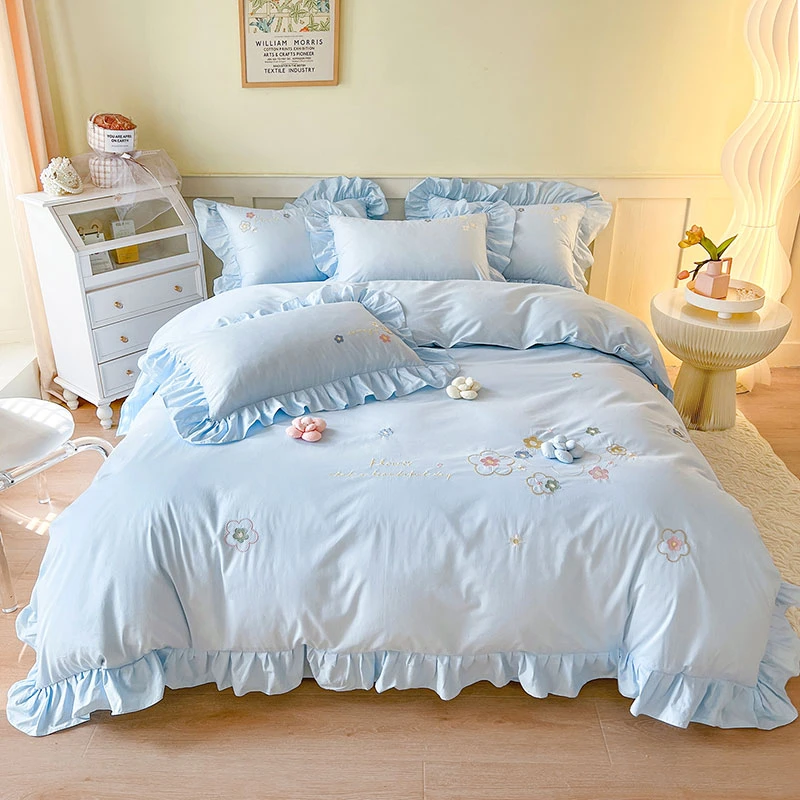 韩版全棉绣花公主风少女心网红小清新荷叶边可爱亲肤床上品四件套