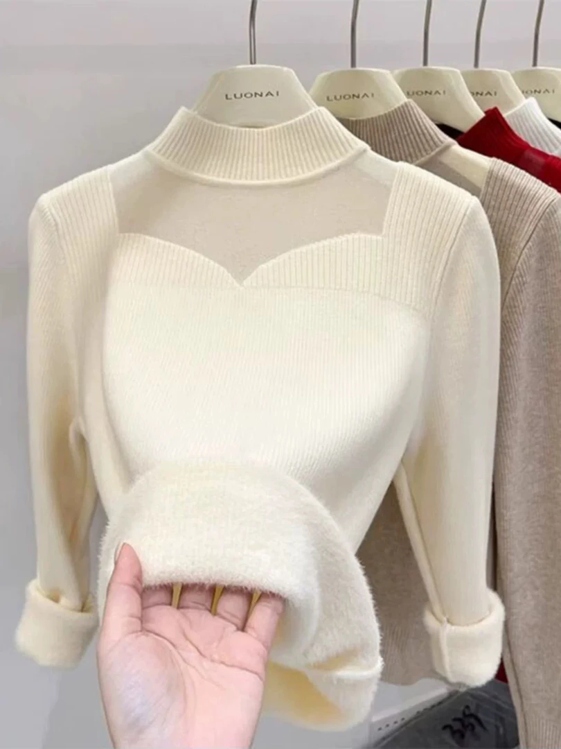 加绒加厚一体绒 小众设计感网纱冬季内搭毛衣半高领打底衫女