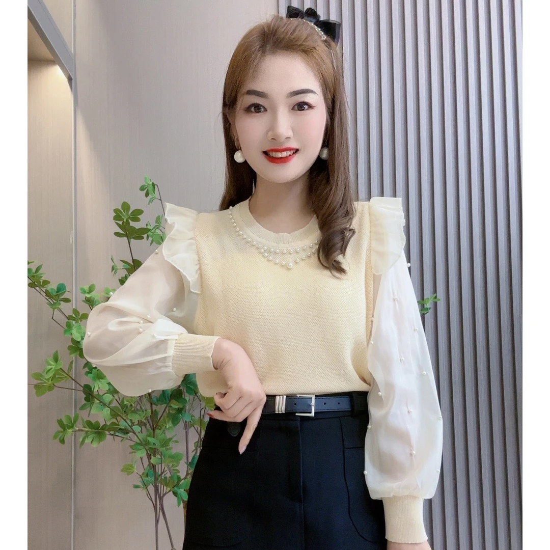 2025春夏季新款重工钉珠法式洋气时尚气质长袖针织衫蕾丝拼接上衣