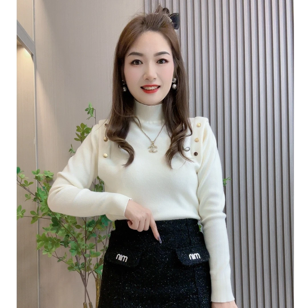 2023冬季新款欧货加厚半高领针织衫女长袖设计感小众纯色内搭毛衣