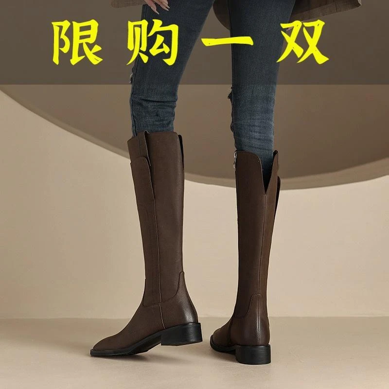 千寻宜鞋沿荐真皮粗跟骑士长靴过膝长筒女鞋2023秋冬季复古设计
