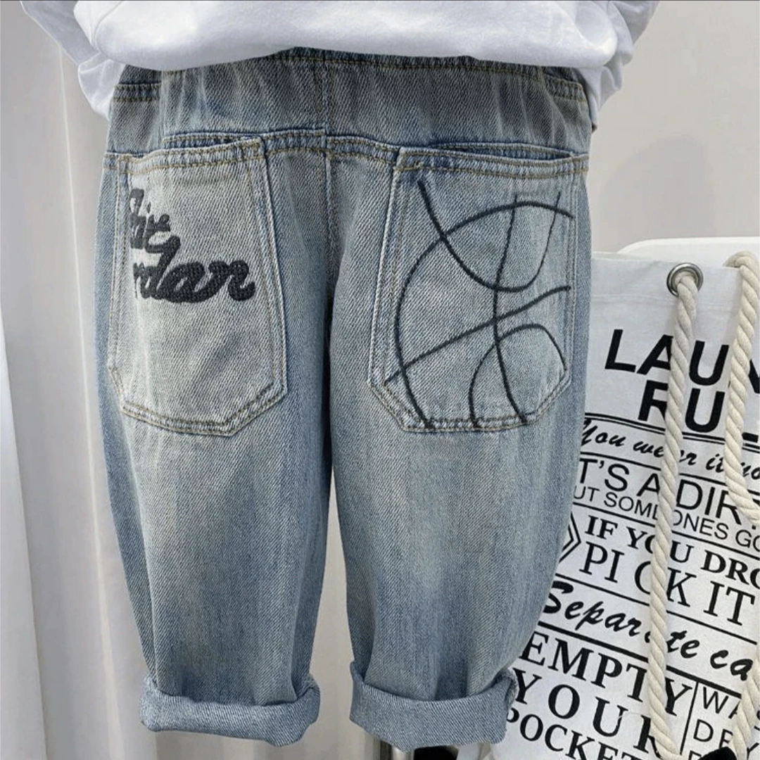 男童春秋时尚百搭韩版蓝色刺绣长裤