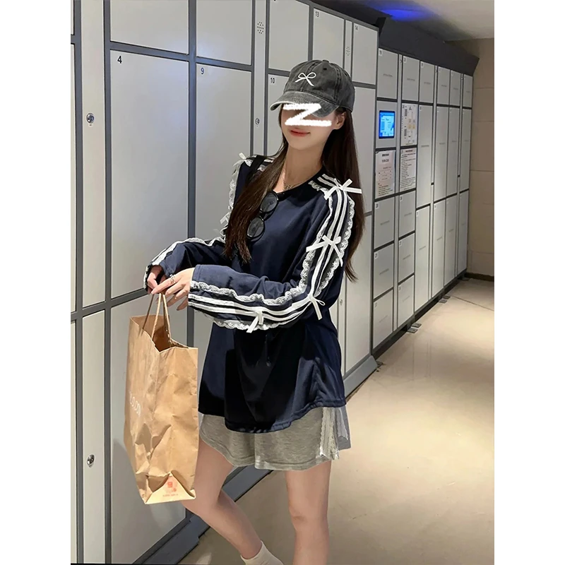 MosesQueen/魔西女王蕾丝花边条纹春秋长袖T恤宽松设计感上衣