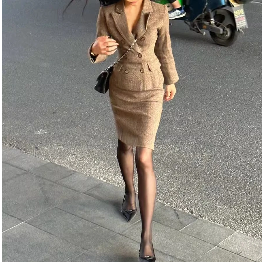 律师俏佳人西装收腰上衣半裙套装职业装西服外套毛呢包臀裙两件套