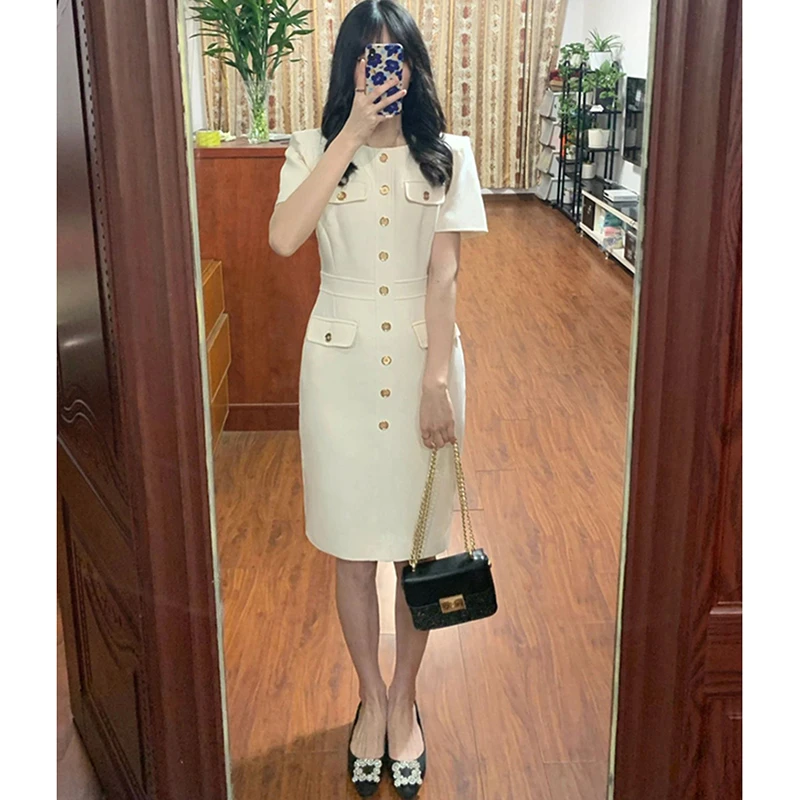 时尚气质白色正式场合连衣裙圆领短袖修身显瘦通勤包臀裙子女夏季
