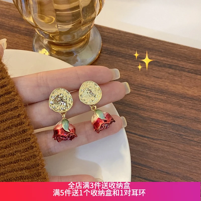 铜合金耳饰 烤漆工艺森系玫瑰花朵复古耳环256号【店满3件送收纳盒