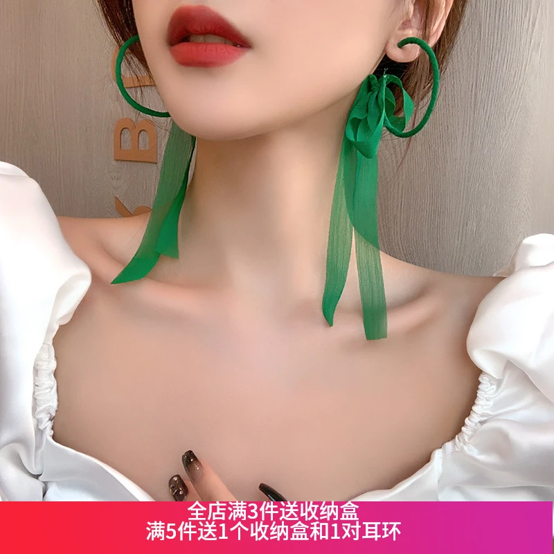 铜合金布艺耳饰 绿色百搭布艺丝带耳环246号【全店满3件送收纳盒