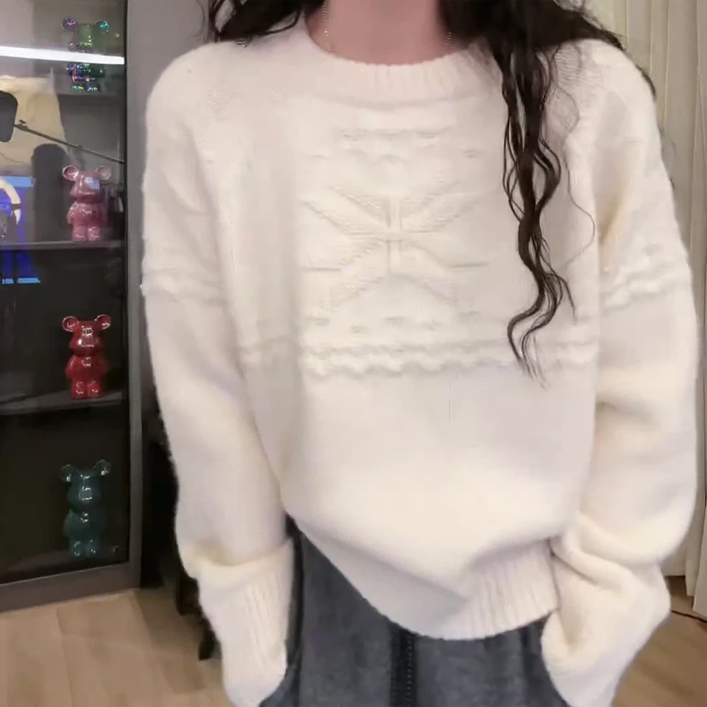 【Jason colors】秋冬新款圆领纯色雪花插肩袖毛衣长袖上衣女套头