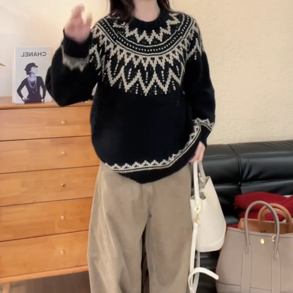 费尔岛毛衣女秋冬款宽松慵懒风套头针织上衣黑色加厚提花百搭休闲