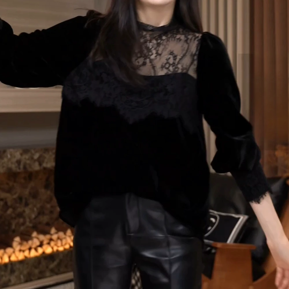 【Jason colors】气质镂空高定内搭丝绒蕾丝衬衣黑色长袖拼接上衣