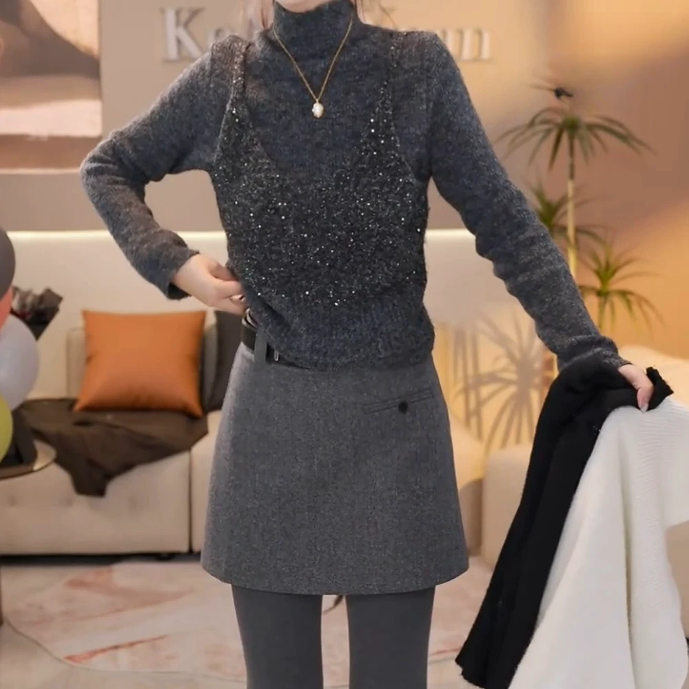 【Jason colors】高领假两件亮闪闪毛衣长袖气质网红针织上衣半高领