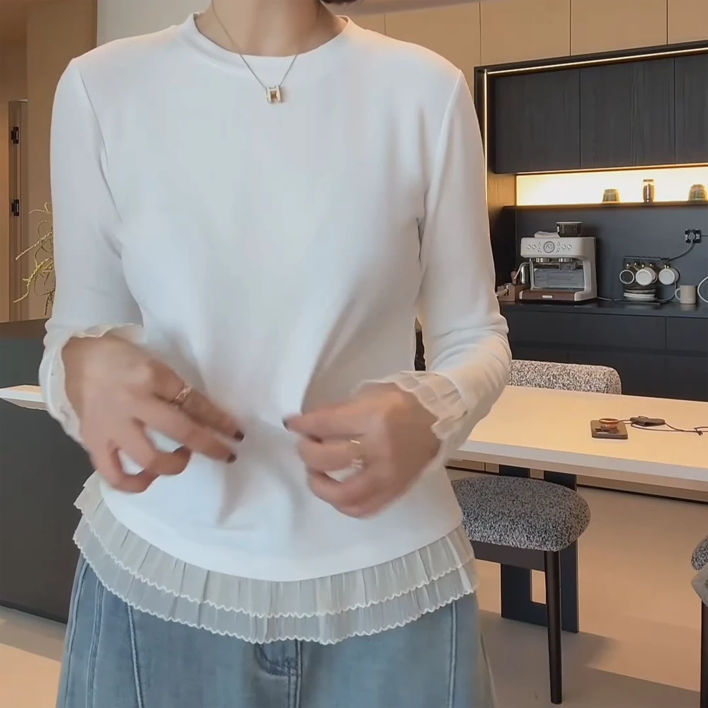 【Jason colors】秋冬韩系百搭木耳边拼接圆领打底衫长袖T恤上衣女