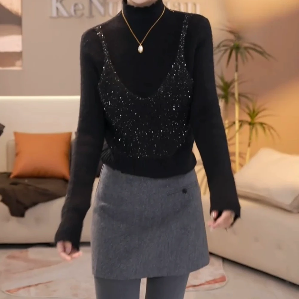 米莱jiaer/秋冬新款高领假两件亮闪闪长袖气质网红显瘦百搭针织女