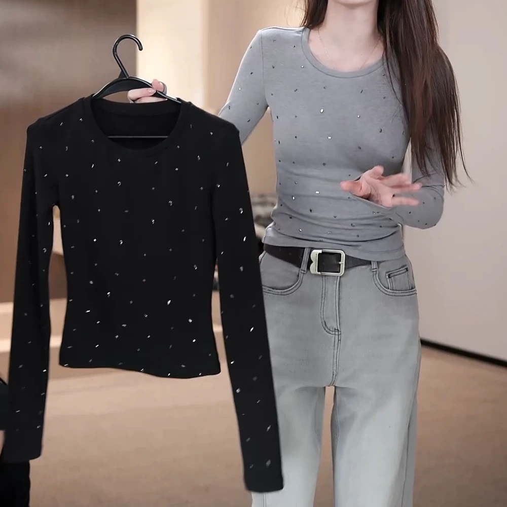 【Jason colors】秋冬季简约烫钻上衣女圆领显瘦修身内搭打底衫T恤
