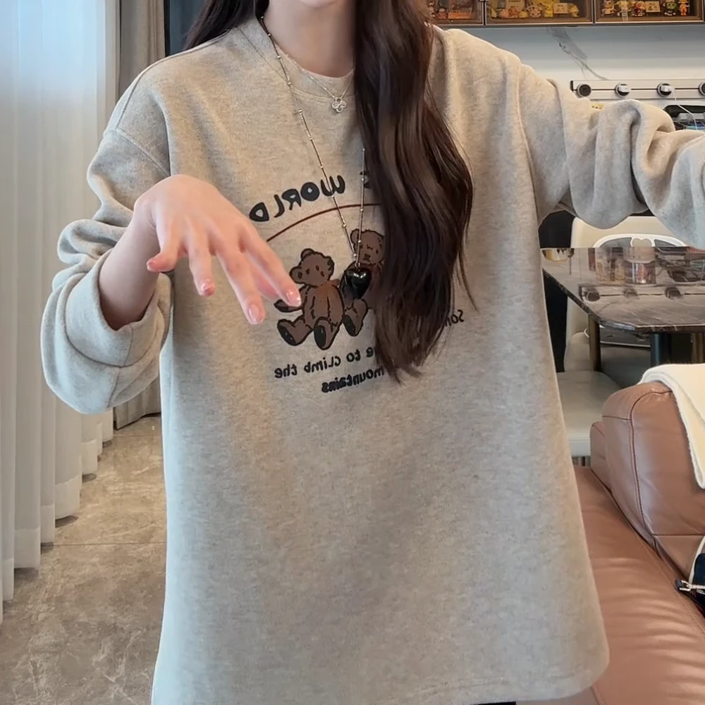 【Jason colors】"三只熊"慵懒风宽松T恤女秋冬百搭上衣印花圆领