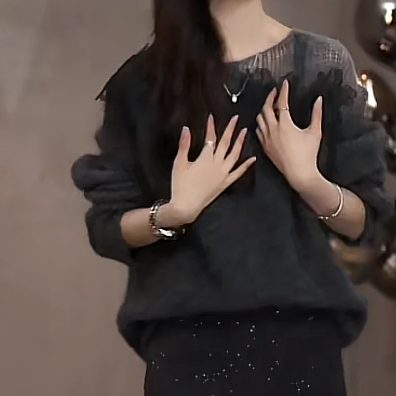 【Jason colors】简约设计感圆领百搭立体装饰纯欲针织上衣黑色宽松