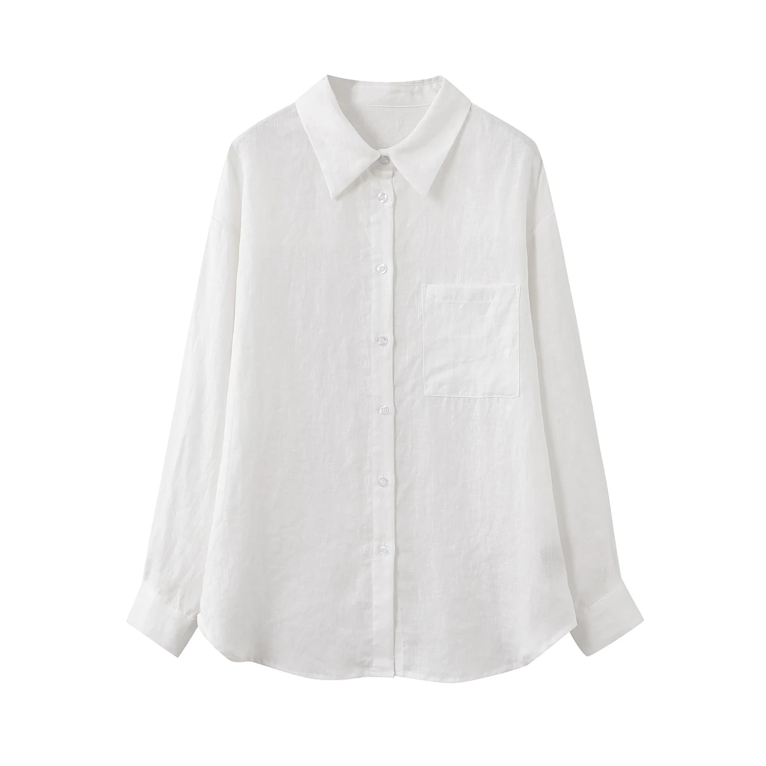 【100砂洗亚麻】慵懒风亚麻衬衫简约时尚休闲白色翻领长袖宽松衬衫