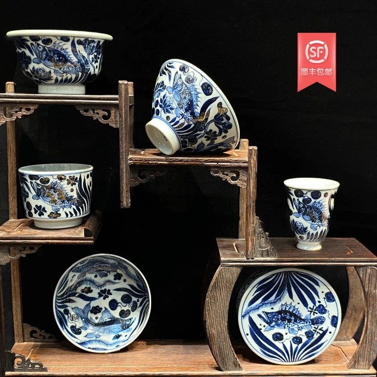 承物堂柴窑手工手绘元青花鱼藻套组景德镇陶瓷高端茶具中式茶具