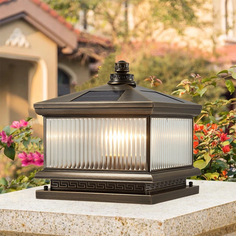 全铜太阳能柱头灯别墅大门柱子灯庭院灯户外防水室外新中式围墙灯