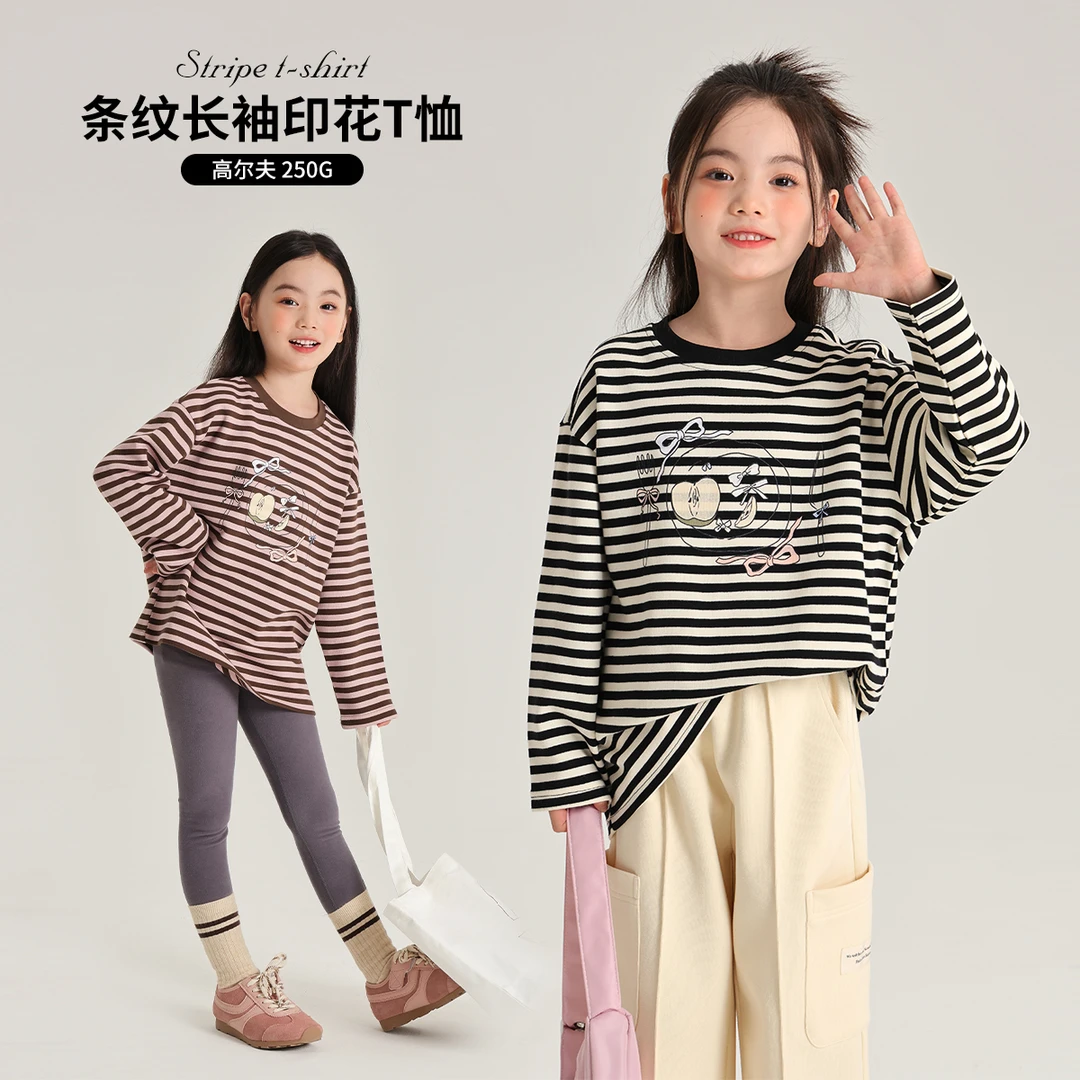 布丁哈鲁【高尔夫条纹】2024秋款女童美式条纹休闲苹果T恤G43TH105