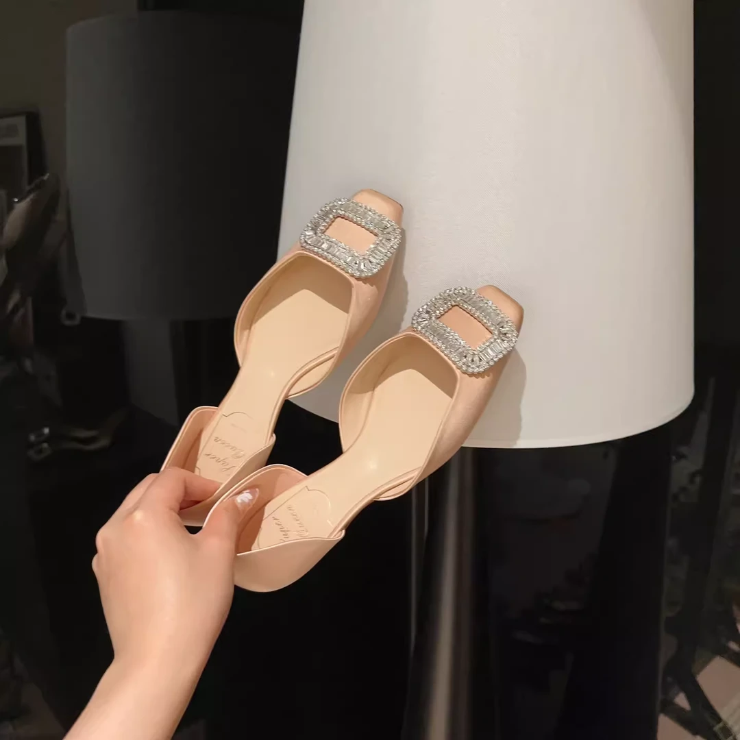 2024夏季新品 chips水钻银灰色方头单鞋女 平底中空凉鞋女