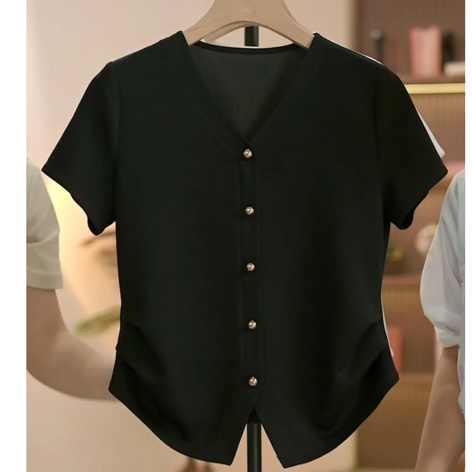 6016纯色正肩短袖t恤女夏季新款爆款时尚洋气V领体恤小众别致上衣