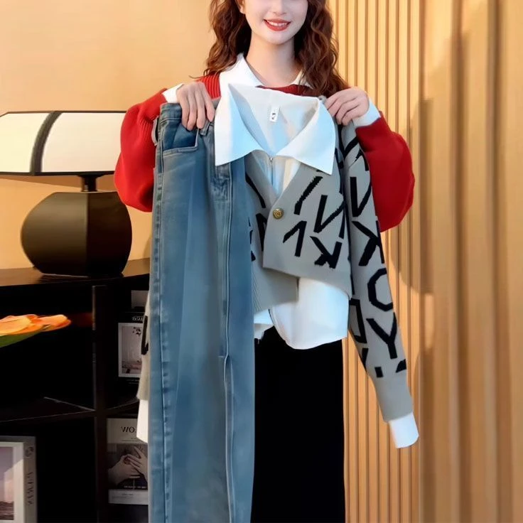 9053港风字母v领两件衬衫女2025春秋新款设计感高端上衣奢华大牌