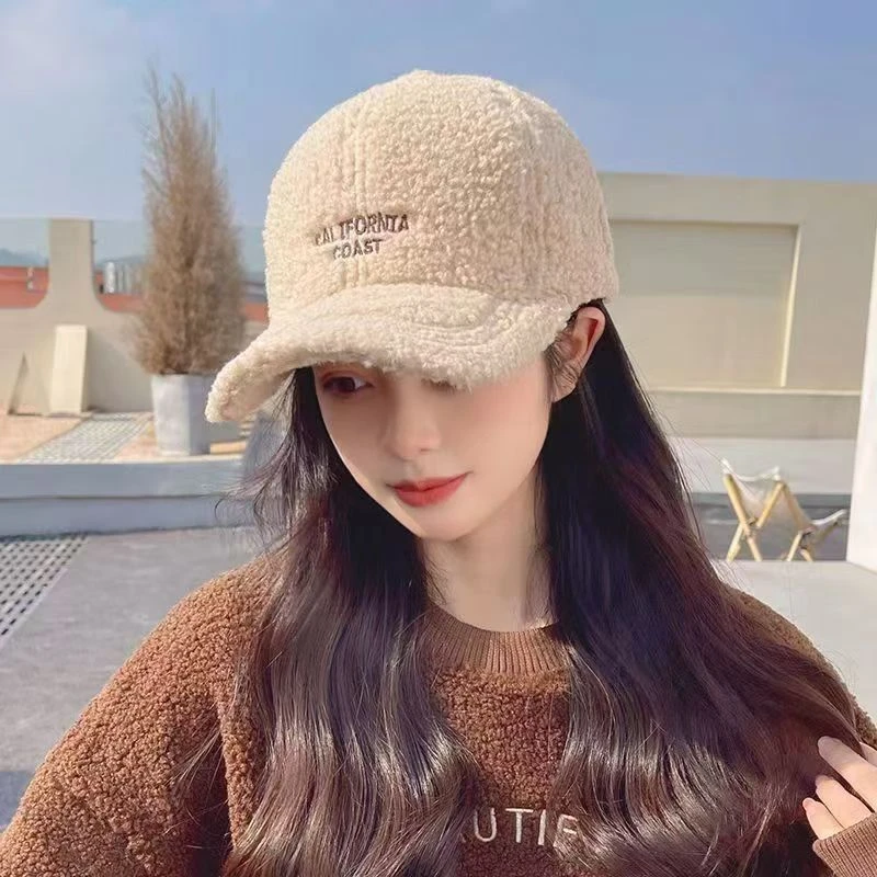 棒球帽女冬季韩版大头围羊羔毛绒绒洋气护耳鸭舌帽秋冬天帽子冬款