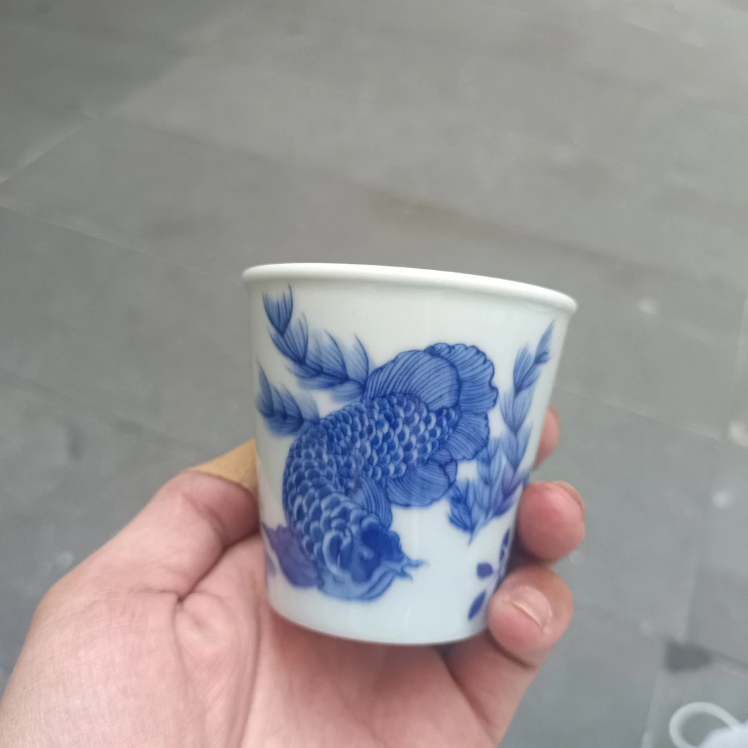 釉下手绘仿清青花鱼乐图陶瓷可乐杯白瓷创意釉下彩青花瓷花纹