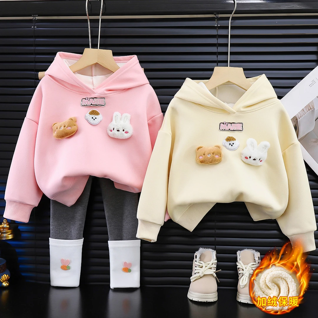 男女童加绒卫衣儿童冬季2024新款秋冬装童装男孩加厚连帽套装