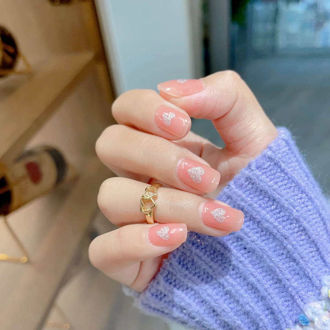 [照灯变硬]蜜桃爱心001半固化凝胶美甲20个甲片