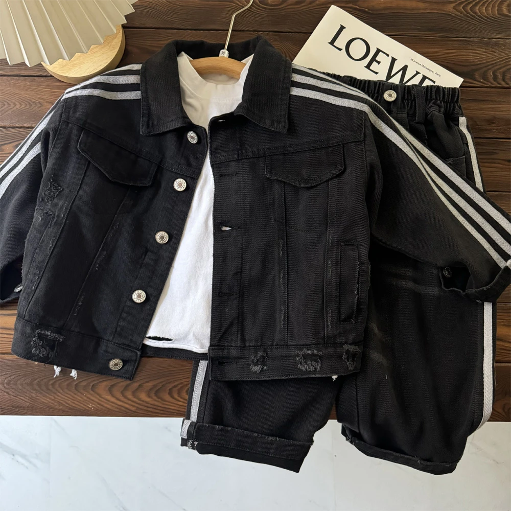 【D.baby】儿童2024秋季新款潮酷拉条牛仔上衣+裤子两件套