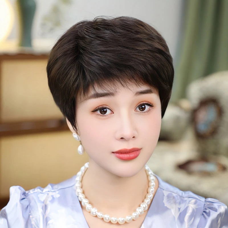 上上梳【马伊丽同款】斜分短发假发女款高档真发女士全头套假发