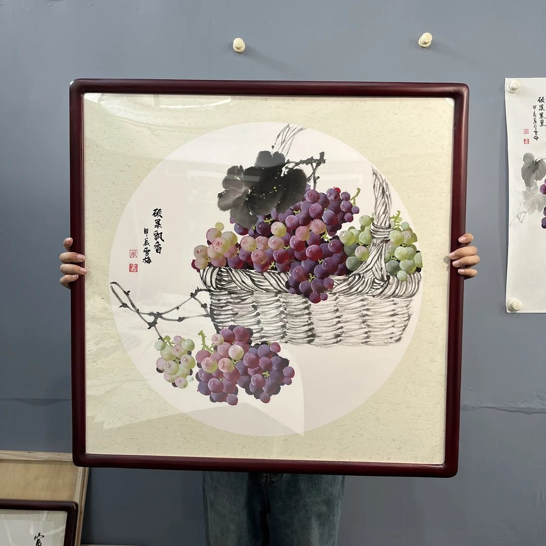 李雪梅手绘国画小写意葡萄卡纸斗方客厅走廊餐厅卧室中式装饰画