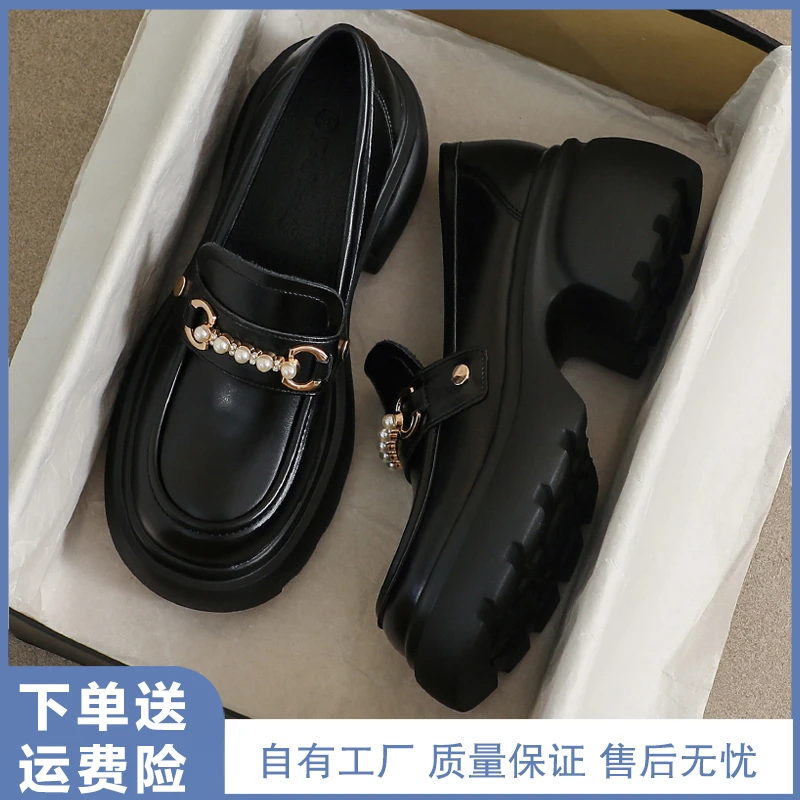 真皮小皮鞋女厚底2025新款春秋季黑色英伦风豆豆高跟34码乐福鞋子