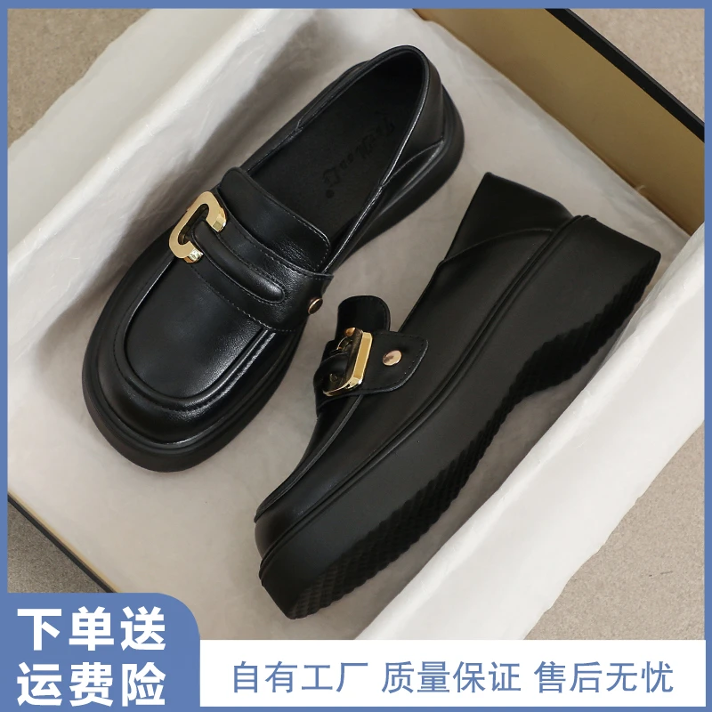 真皮小皮鞋女厚底春秋英伦风大码黑色增高工作34码夏季舒适乐福鞋