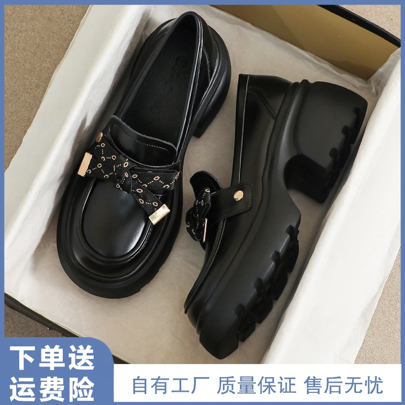 真皮小皮鞋女厚底春夏季英伦风黑色豆豆增高33工作高跟34码乐福鞋