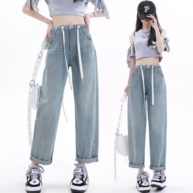 孕妇老爹裤春秋季外穿抽绳牛仔裤休闲宽松大码弹力显瘦哈伦阔腿裤