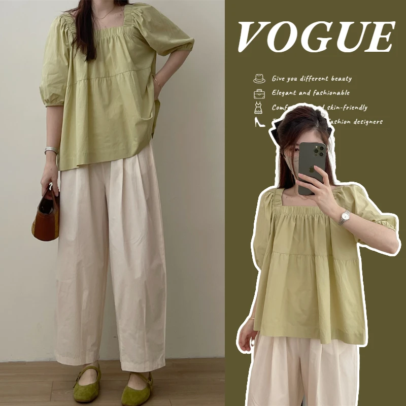 孕妇上衣夏季2025新款方领正肩短袖衬衫法式泡泡袖宽松娃娃衫薄款