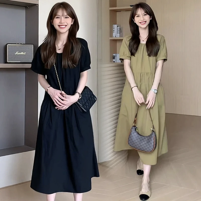 孕妇连衣裙夏季新款简约气质宽松显瘦大码中长款短袖纯色孕妇裙